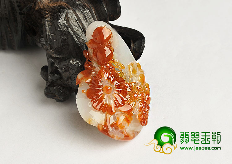 糯冰种红翡缅甸翡翠A货花开富贵挂件