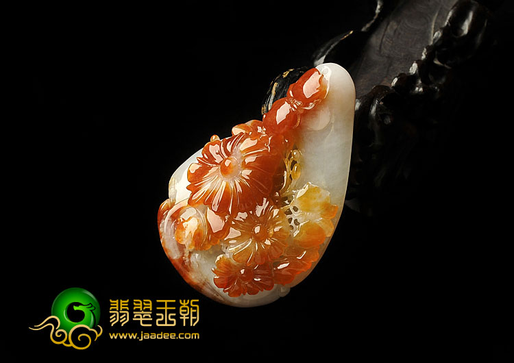 糯冰种红翡缅甸翡翠A货花开富贵挂件