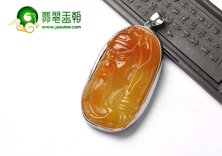 糯冰种红黄翡缅甸翡翠A货镶银关公头胸坠