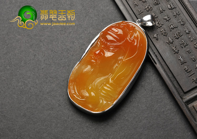 糯冰种红黄翡缅甸翡翠A货镶银关公头胸坠