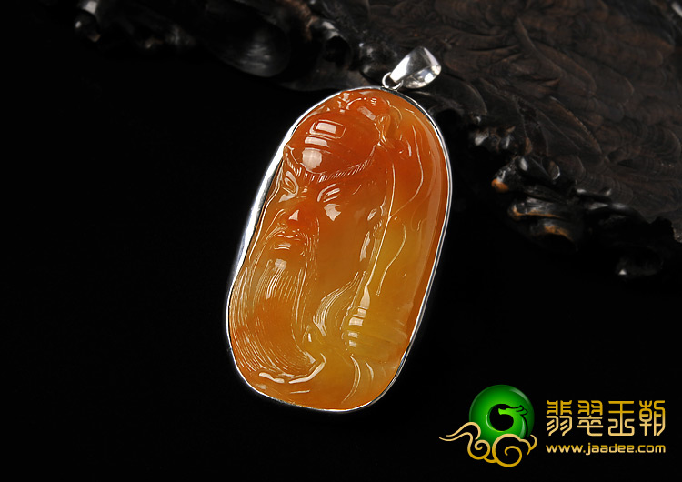 糯冰种红黄翡缅甸翡翠A货镶银关公头胸坠