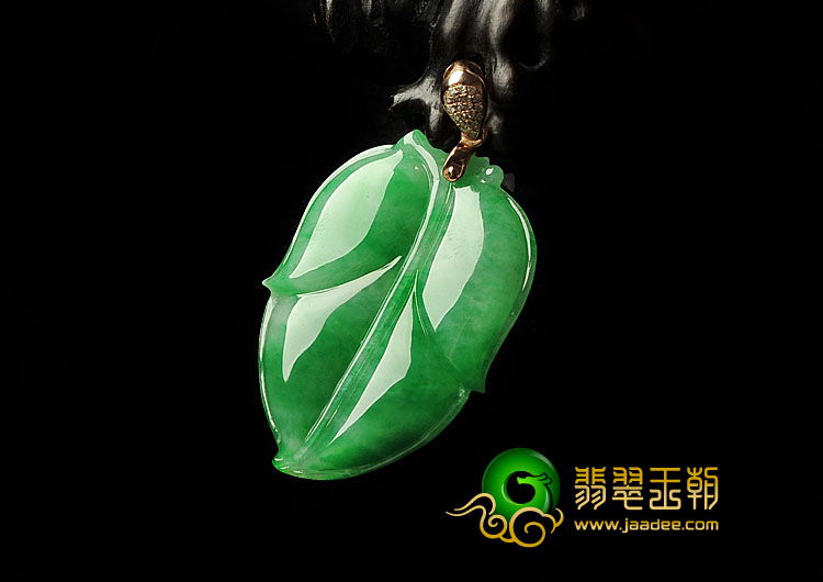 糯冰种阳绿缅甸翡翠A货镶玫瑰金扣叶子（真钻）