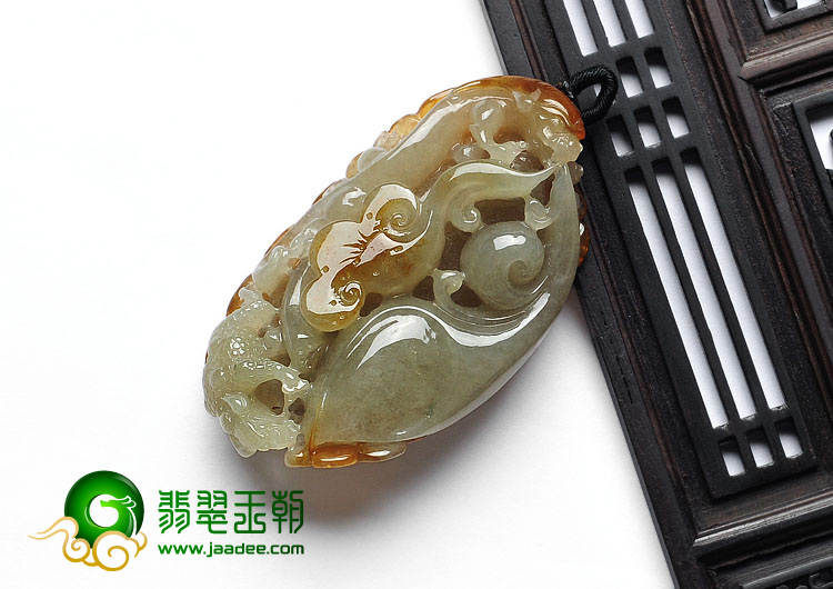 糯冰种褐黄翡缅甸翡翠A货螭龙如意挂件