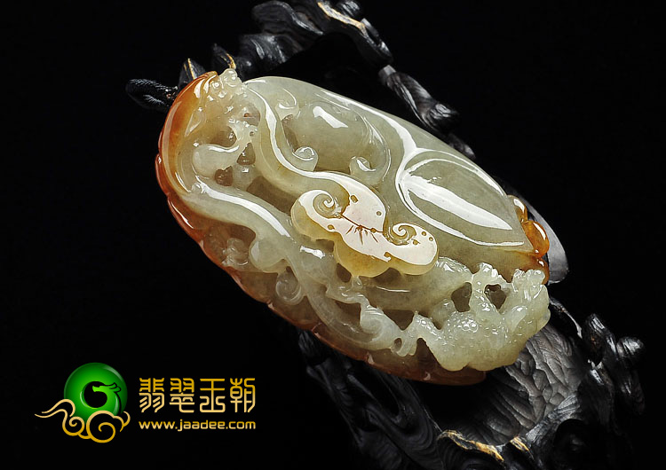 糯冰种褐黄翡缅甸翡翠A货螭龙如意挂件