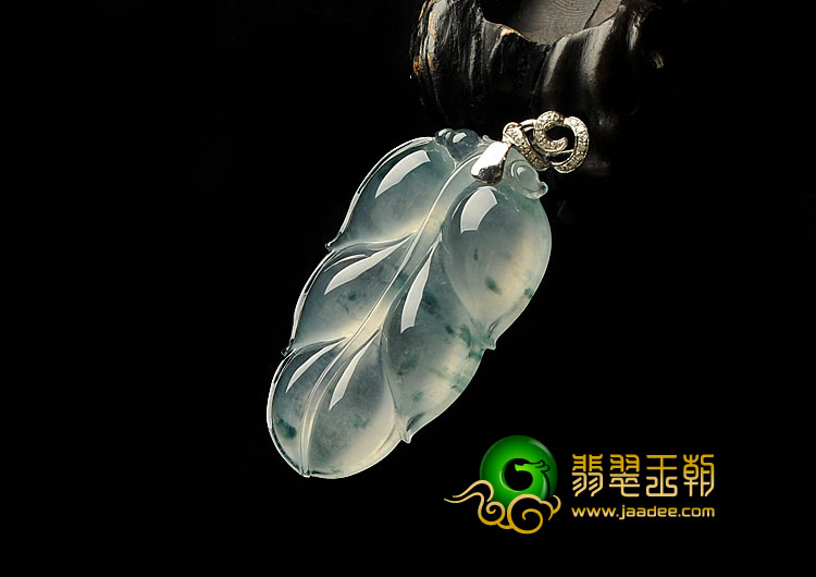 冰种晴水飘花缅甸翡翠A货镶金扣叶子挂件