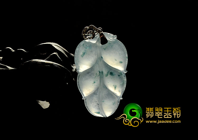 冰种晴水飘花缅甸翡翠A货镶金扣叶子挂件