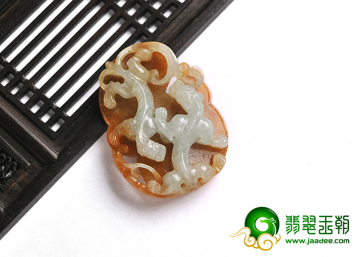 糯冰种红黄翡缅甸翡翠A货螭龙如意挂件