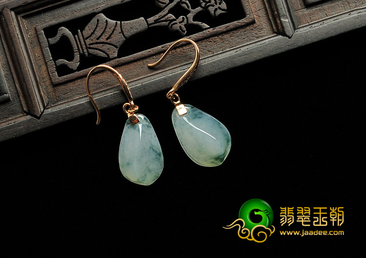 冰种飘花缅甸翡翠A货镶玫瑰金耳坠（真钻）