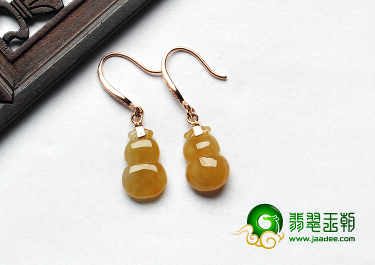 糯冰种黄翡缅甸翡翠A货镶玫瑰金葫芦耳坠（真钻）