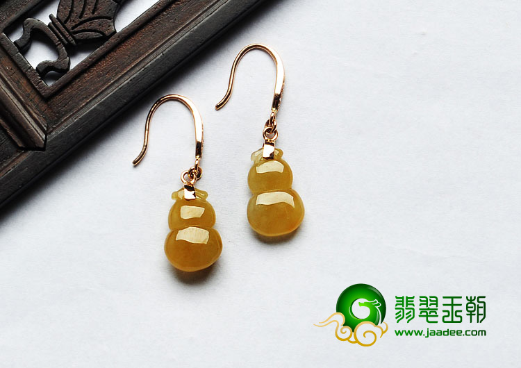 糯冰种黄翡缅甸翡翠A货镶玫瑰金葫芦耳坠（真钻）