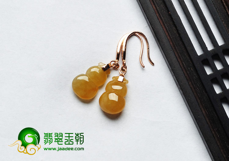 糯冰种黄翡缅甸翡翠A货镶玫瑰金葫芦耳坠（真钻）