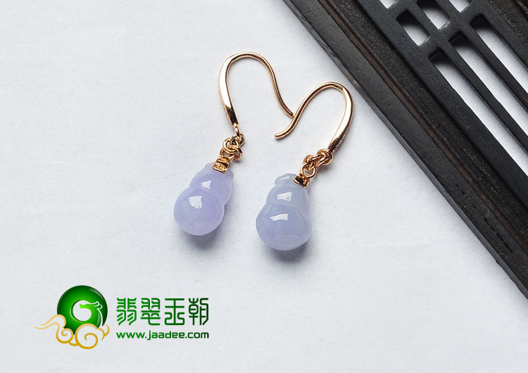 糯冰种紫罗兰缅甸翡翠A货镶玫瑰金葫芦耳坠（真钻）