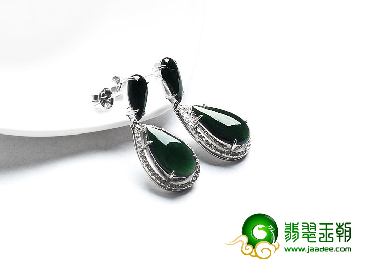冰种墨翠缅甸翡翠A货镶银耳坠（水钻）