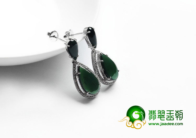 冰种墨翠缅甸翡翠A货镶银耳坠（水钻）
