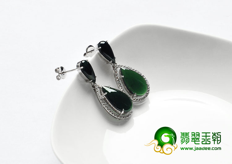 冰种墨翠缅甸翡翠A货镶银耳坠（水钻）