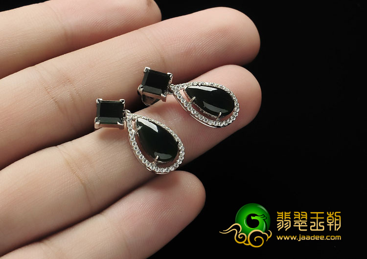 冰种墨翠缅甸翡翠A货镶银耳坠（水钻）
