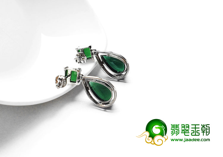 冰种墨翠缅甸翡翠A货镶银耳坠（水钻）