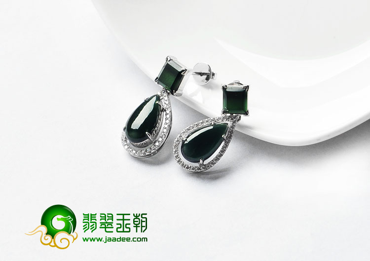 冰种墨翠缅甸翡翠A货镶银耳坠（水钻）