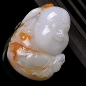 糯冰种褐黄翡缅甸翡翠A货笑佛头挂件