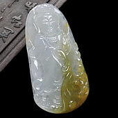 糯冰种黄翡缅甸翡翠A货观音挂件