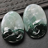 冰种油青缅甸翡翠A货观音头挂件（一对）