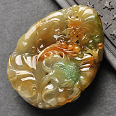 feicui糯冰种黄加绿缅甸翡翠A货花开富贵挂件