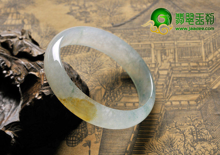 冰种飘花带黄翡缅甸翡翠A货手镯（56.8mm）