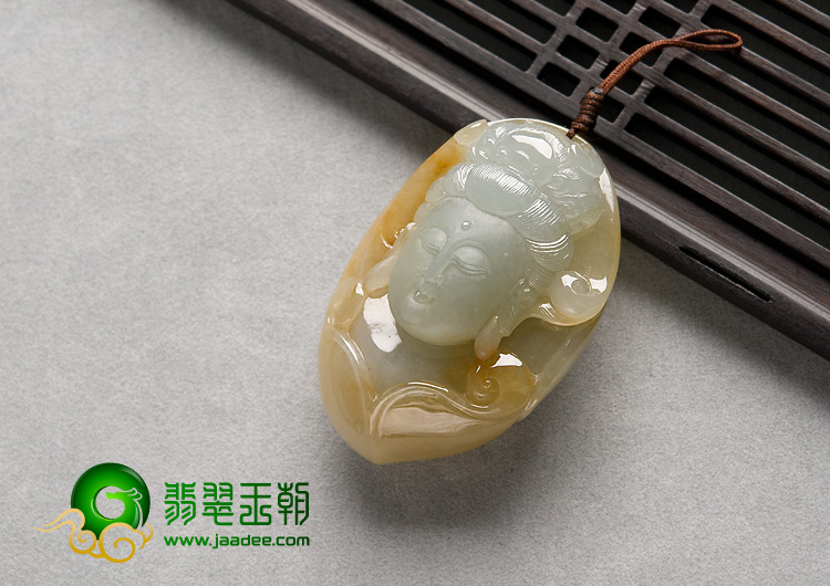feicui糯冰种黄翡缅甸翡翠A货观音头挂件