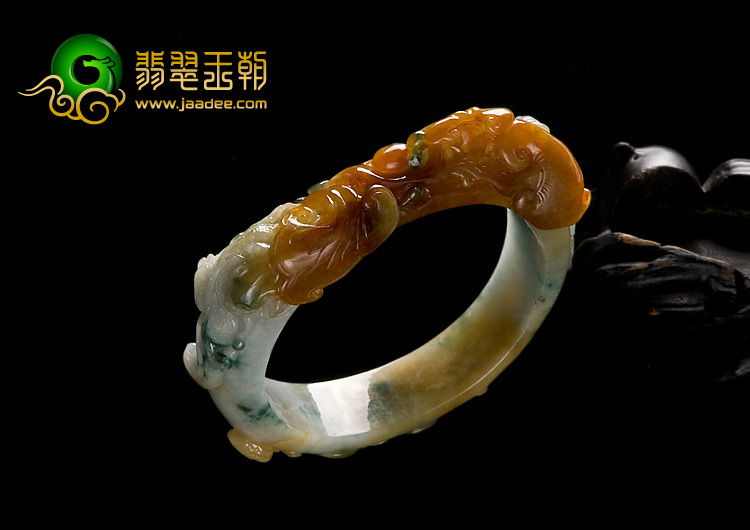 糯冰种红黄翡飘花缅甸翡翠A货福寿如意雕花贵妃镯（56.1mm-49.2mm）
