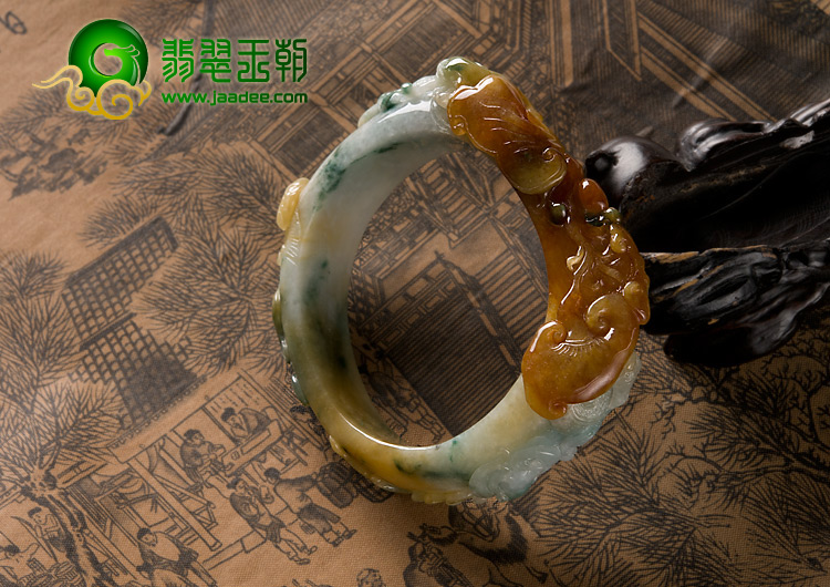 糯冰种红黄翡飘花缅甸翡翠A货福寿如意雕花贵妃镯（56.1mm-49.2mm）