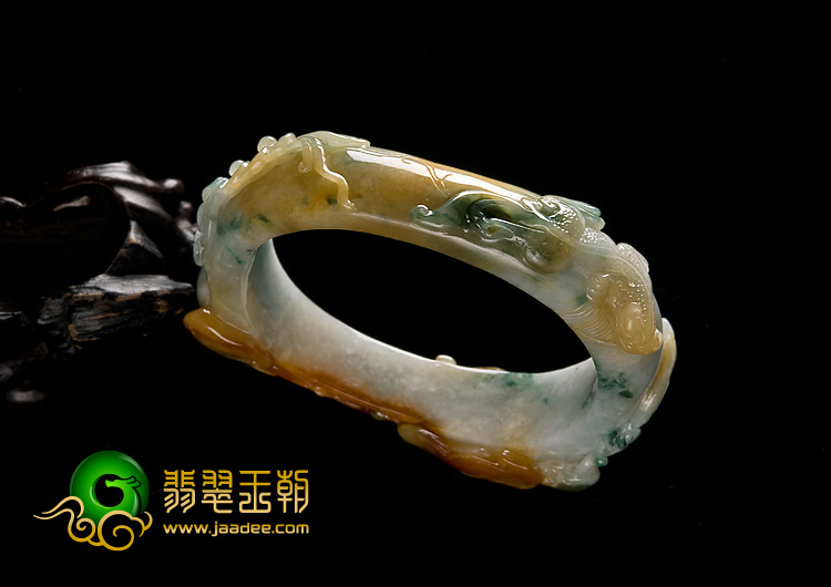 糯冰种红黄翡飘花缅甸翡翠A货福寿如意雕花贵妃镯（56.1mm-49.2mm）