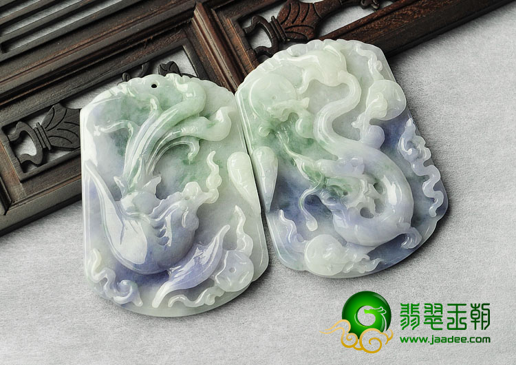 糯冰种紫罗兰飘花缅甸翡翠A货龙凤牌挂件（一对）