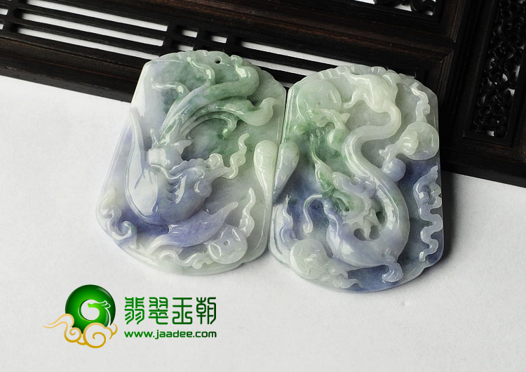 糯冰种紫罗兰飘花缅甸翡翠A货龙凤牌挂件（一对）