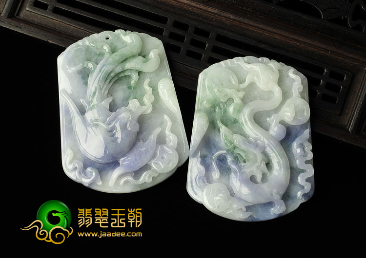 糯冰种紫罗兰飘花缅甸翡翠A货龙凤牌挂件（一对）