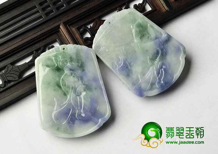 糯冰种紫罗兰飘花缅甸翡翠A货龙凤牌挂件（一对）