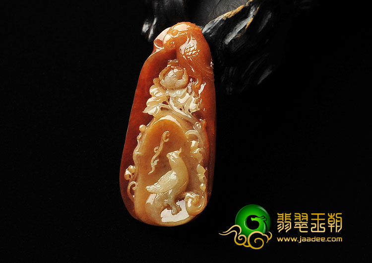 糯冰种红黄翡缅甸翡翠A货鸟语花香挂件