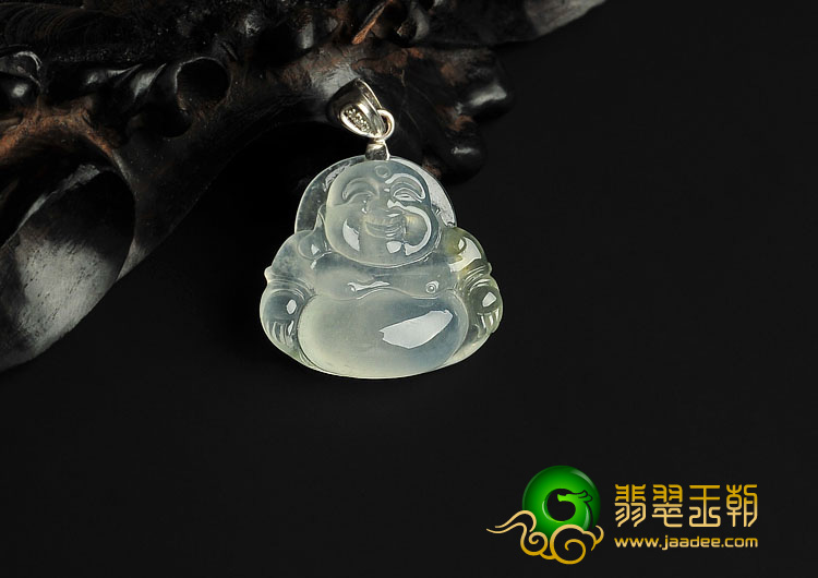 冰玻种淡黄翡缅甸翡翠A货镶金扣玉佛挂件