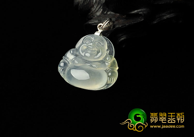 冰玻种淡黄翡缅甸翡翠A货镶金扣玉佛挂件