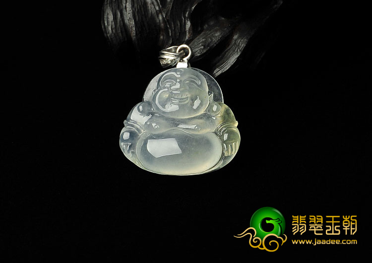 冰玻种淡黄翡缅甸翡翠A货镶金扣玉佛挂件
