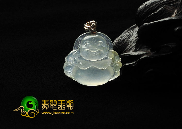 冰玻种淡黄翡缅甸翡翠A货镶金扣玉佛挂件