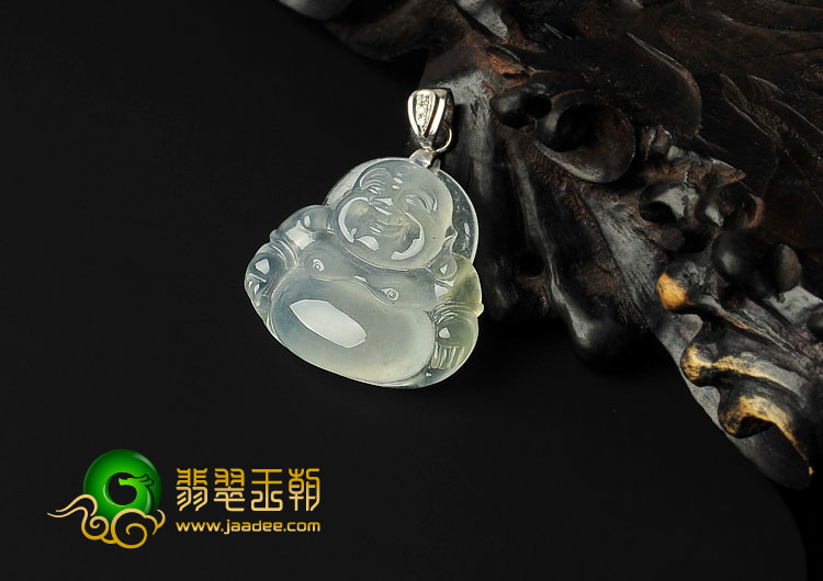 冰玻种淡黄翡缅甸翡翠A货镶金扣玉佛挂件