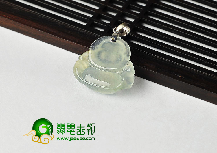 冰玻种淡黄翡缅甸翡翠A货镶金扣玉佛挂件