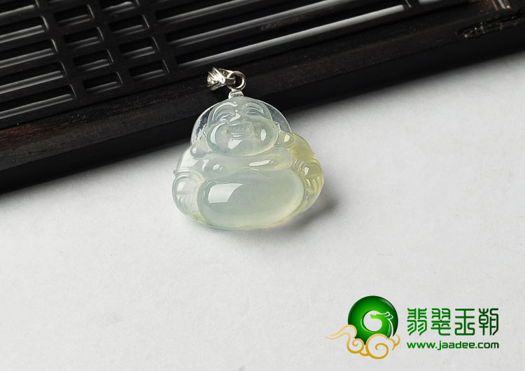 冰玻种淡黄翡缅甸翡翠A货镶金扣玉佛挂件