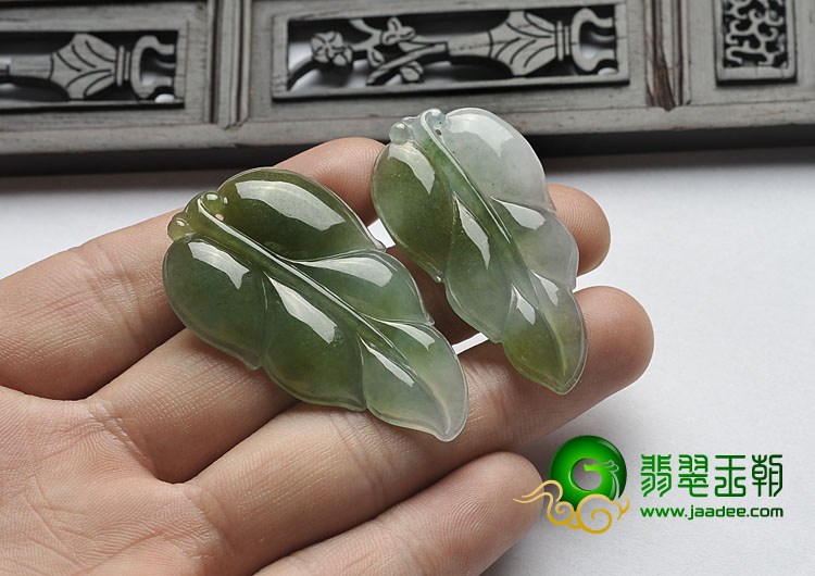 冰种青褐翡缅甸翡翠A货叶子挂件（一对）