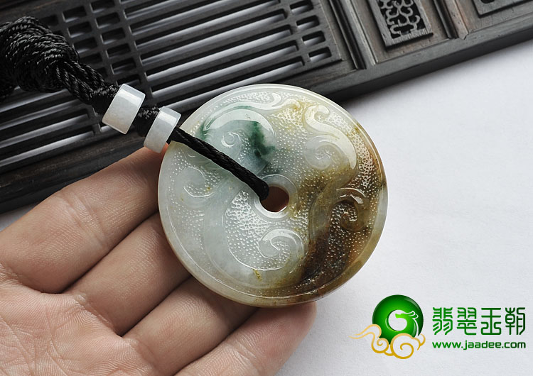 糯冰种三彩缅甸翡翠A货仿古平安扣挂件