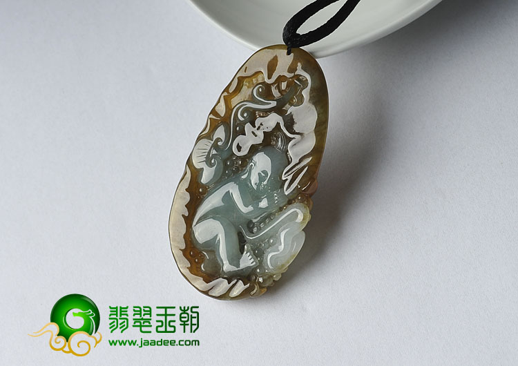 冰种褐黄翡晴水缅甸翡翠A货善财童子挂件