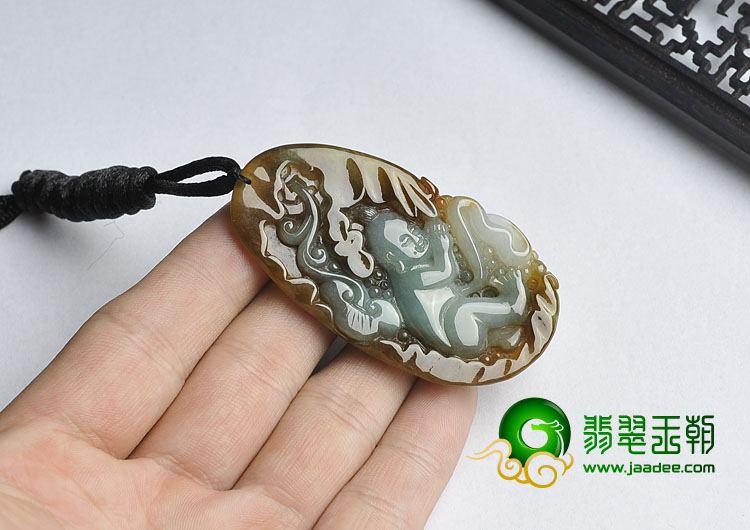 冰种褐黄翡晴水缅甸翡翠A货善财童子挂件