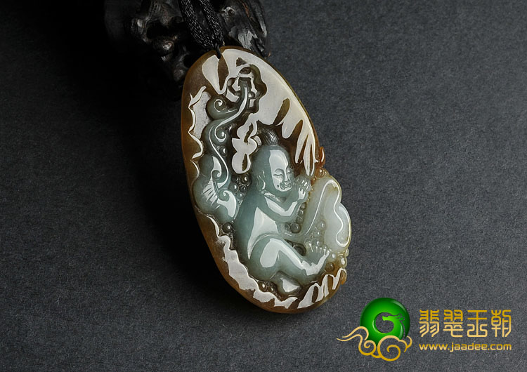 冰种褐黄翡晴水缅甸翡翠A货善财童子挂件