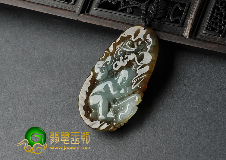 冰种褐黄翡晴水缅甸翡翠A货善财童子挂件