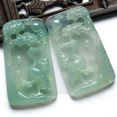 冰种晴水缅甸翡翠A货松鹤延年挂件（一对）